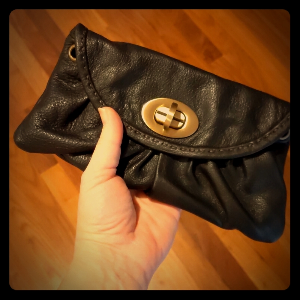 VINTAGE Carla Mancini Black Leather & Brass Clutc